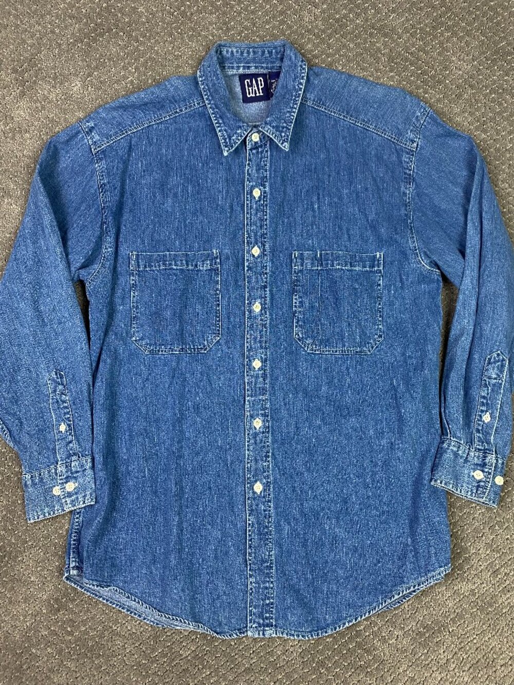 Vintage 90s GAP Denim Shirt Mens Medium Blue Work Chore Utility Button Up Down